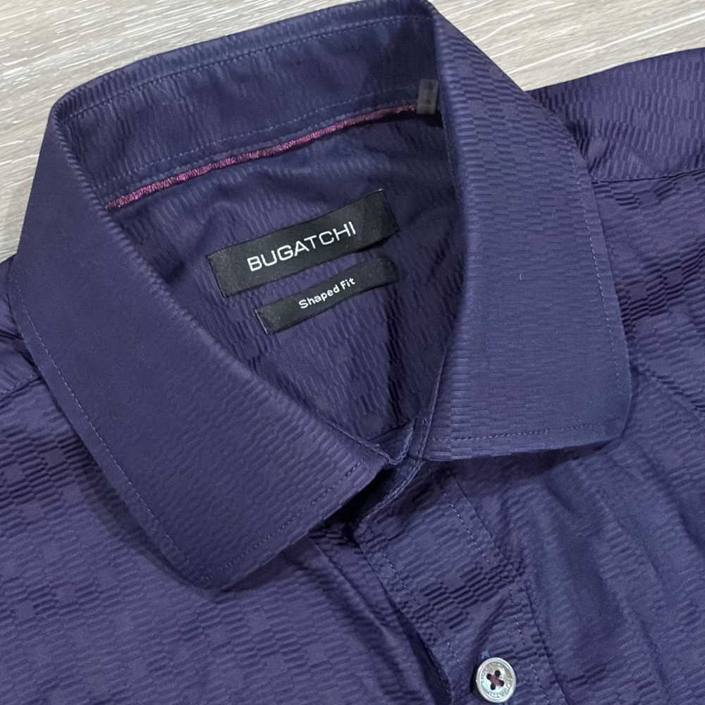 Bugatchi Mens Purple Textured Jacquard Long Sleeve Button Up Shirt Shaped Fit L
